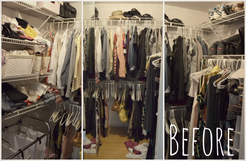 Three views of my disorganized closet, before I took on the 40 Hanger Closet plan. 