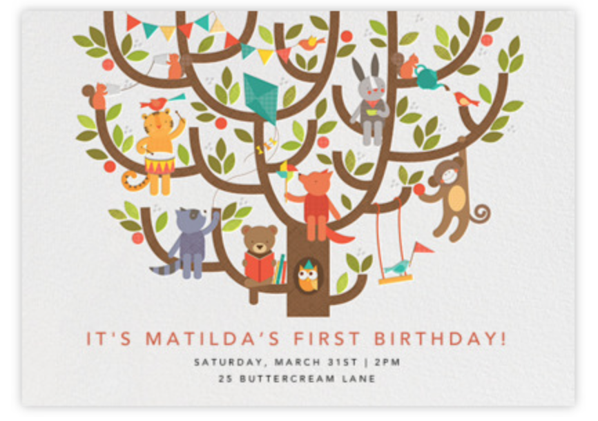 Email invitations make party planning easy. There are many adorable e-vites like this cute design of animals in a tree. 